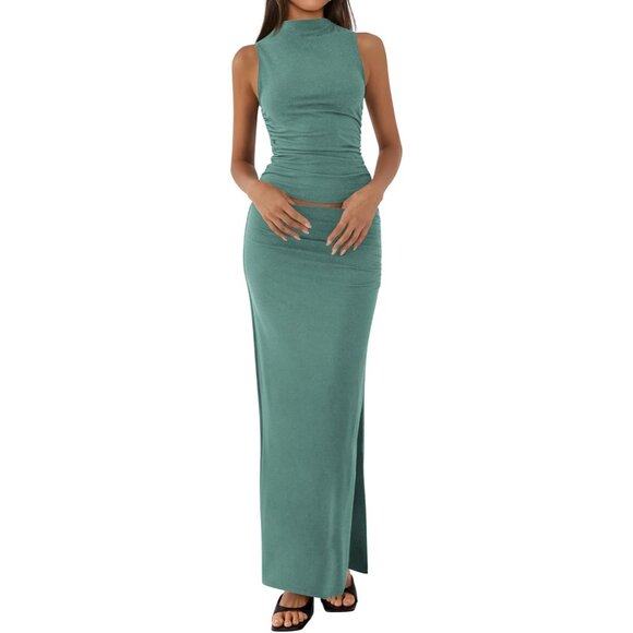 Dresses & Skirts - Women Fruit Green Two Piece Sets Going Mock Neck Sleeveless Knit Tops Maxi Skirt